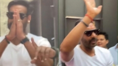 Ajay Devgn greets fans with a namaste outside his residence in Mumbai on 55th b'day