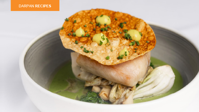 Sablefish with Aji Verde, Charred Greens & Crispy Pappadum