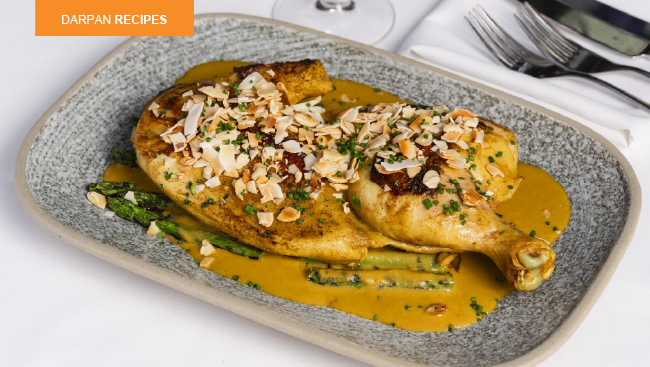 Roasted Chicken with Coconut Curry Sauce, Asparagus & Almond-Coconut Crumble