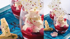 Rhubarb and Pomegranate Bhapa Doi with Pistachio Burfi