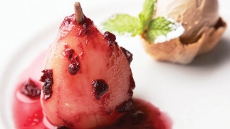 Stewed Pear with Winter Berry Coulis & Ginger Ice Cream