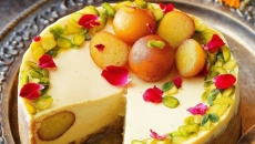 Eggless Baked White Chocolate Gulab Jamun Saffron Cheesecake 