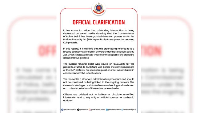 Delhi Police denies NSA powers linked to CJP protest, says order is routine renewal
