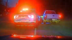 B.C. police chase sees pickup truck lose couch, crash into two RCMP cruisers