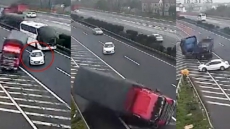 VIDEO Footage: Car Stops Mid-highway, Leads To Massive Truck Crashes; Coolly Drives Off