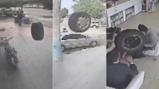 Caught On Camera: Tyre Falls Off Moving Car, Enters Store, Hits Two Men