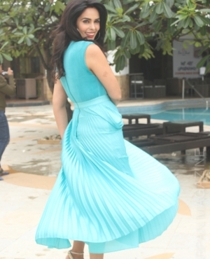 Mallika Sherawat is a cool sight in aqua dress paired with gold high heels 