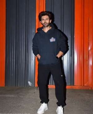 Kartik Aaryan poses for the press 