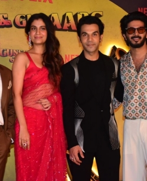 Group photo featuring Dulquer Salmaan, RajKummar Rao, Adarsh Gaurav  and Shreya Dhanwanthary pose together 
