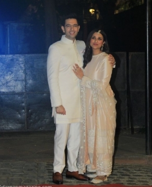 Parineeti Chopra & Raghav Chadha both went for an elegant light coloured clothing for the engagement party 