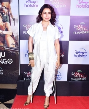 Tisca Chopra goes for white with a pair of leopard high heels 