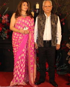 Kiran Juneja looks beautiful in her pink saree alongside husband Ramesh Sippy 