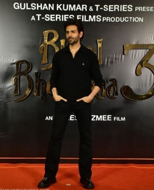 Lead actor of the film Kartik Aaryan poses for the press 