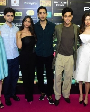 The ensemble starring Suhana Khan, Khushi Kapoor, and Agastya Nanda pose for the press 