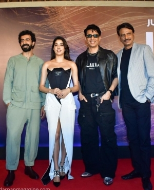 Roshan Mathew, Janhvi Harrison, Gulshan Devaiah , and Rajesh Tailang pose together at the launch 