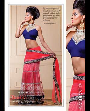 Crossover Bollywood Se: This gorgeous lehnga-saree is lightweight, yet splashy enough to challenge any party-going fashionista. The velvet border weighs the white tulle and lace down in a perfect balance. The pallah is held here as an accessory.