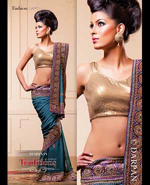  Ghunghat Fashions: The colour of the year, Radiant Orchid is paired here with teal, creating a classic yet virtuous look in georgette chiffon, garnished with elaborate polki embroidery.