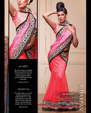 Made In India: Neon blush pink is contrasted by black and gold in this striking lehnga-saree, ready-made and easy to wear. The fashion forward ready-made blouse is just beautiful and completes this city- chic look.