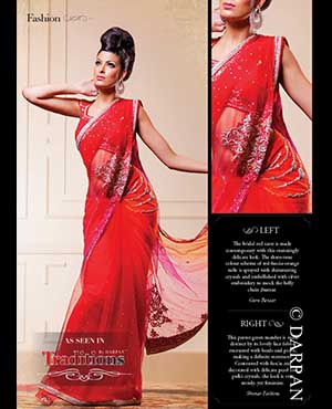 Guru Bazaar: The bridal red saree is made contemporary with this stunningly delicate look. The three-tone colour scheme of red-fuscia-orange tulle is sprayed with shimmering crystals and embellished with silver embroidery to mock the belly chain jhumar.