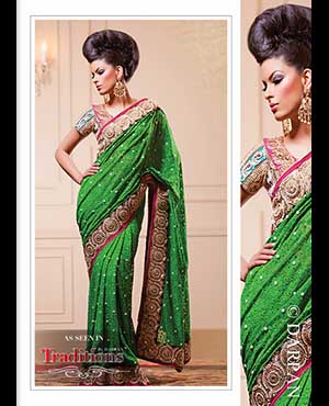 Shimar Fashions: This parrot green number is made distinct by its lovely lace fabric, encrusted with beads and pearls, making a definite statement. Contrasted with fuscia and decorated with delicate pearl and polki crystals, the look is very trendy, yet feminine.