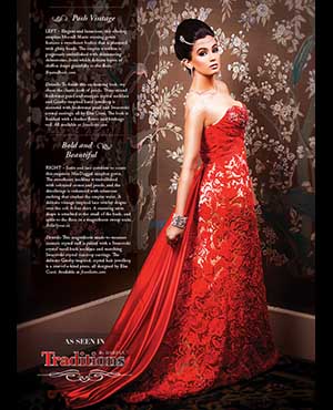 Bold and Beautiful: Satin and lace combine to create this exquisite MacDuggal strapless gown. The sweetheart neckline is embellished with coloured stones and pearls, and the décolletage is enhanced with crisscross ruching that cinches the empire waist. A delicate vintage-inspired lace overlay drapes over the soft A-line skirt. A stunning satin drape is attached at the small of the back, and spills to the floor in a magnificent sweep train. bellasposa.ca Details: This magnificent made-to-measure couture crystal cuff is paired with a Swarovski crystal tassel back necklace and matching Swarovski crystal teardrop earrings. The delicate Gatsby-inspired, crystal hair jewellery is a one-of-a-kind piece, all designed by Elsa Corsi. Available at Jeweliette.com