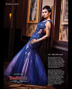 Mesh Mermaid: This unforgettable Morrell Maxie backless mermaid dress is sure to give you a classic silhouette. The boat-neck mesh is covered with navy blue sparkling sequins and beaded lace appliqué, which enhances the décolletage in an illusion bodice. The flared skirt explodes in layers of fine, gauzy tulle that rests delicately on the floor. bryansbride.com Details: The spectacular Lauren G Adams ruthenium cocktail ring from her ‘Fresh Fantasy’ collection adds ritz to the look, which is amplified by the dazzling Swarovski ‘Appeal Necklace’ worn as a matha patti with matching palladium-platted earrings in Denim Blue crystals, and the Swarovski ‘Edith Bangle,’ showcasing two crossing clear crystal pavé bands. Available at Crystique.com. Dulcina satin platform heel with crystal details in Taupe. lordsshoes.ca