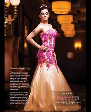 Lavender Lovely: This gorgeously embellished trumpet gown by Morrell Maxie stunningly showcases your perfect figure. Colourful and intricately detailed floral accents with lace and beaded appliqué are stitched all over the body-conscious sweetheart neckline bodice and continue partway onto the flared skirt, which is made of layers of contrasting tulle, adding just the right amount of seductiveness and glamour to your look. bryansbride.com Details: Make a statement with this glamorously feminine Azalea Collar featuring Navette-cut Swarovski crystals and matching earrings. Available at Crystique.com or swarovski.com. The round faceted cabochon crystal ring completes the look with a bit of bling. Available exclusively at Crystique.com. 