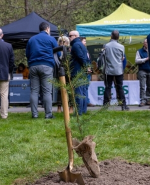 Shovel in the ground as folks wait to get the event started 