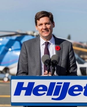 Premier David Eby takes to the podium to talk more about the electric Helijet