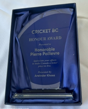 Cricket BC honours Pierre Poilievre with a plaque 
