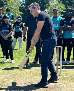 Conservative Party of Canada leader Pierre Poilievre tries his hands at the bat
