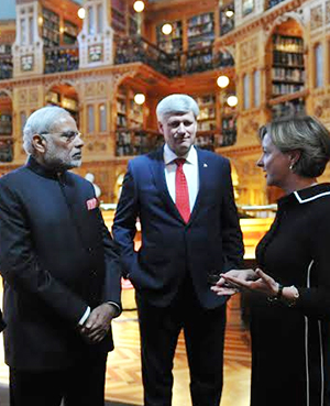 PM Modi visiting the library of Canadian Parliament with Canadian PM, Mr. Stephen Harper at Ottawa 