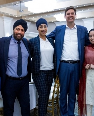 Premier David Eby, MLA Aman Singh, and MLA Jinny Sims