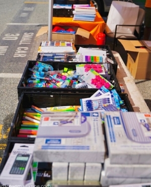 School supplies donated to GNFB's Food Bank nicely displayed 