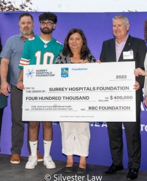  MLA Jinny Sims and Surrey Hospitals Foundation staff pose for cheque presentation along with RBC and SHF staff 