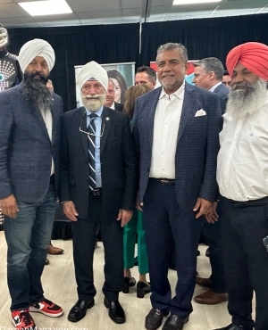 MP Randeep Sarai, Khalsa Credit Union's Tochi Sandhu, and MP Sukh Dhaliwal 