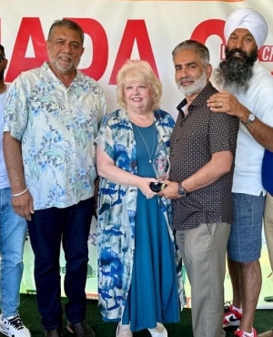 Surrey City Councillor Linda Annis, General Secretary of West Coast Kings Field Hockey Club Udham Singh Hundal, MP Randeep Sarai, BM Group of Companies Balraj Mann, and Mayor Brenda Locke