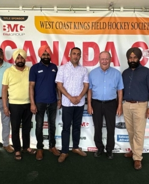  General Secretary of West Coast Kings Field Hockey Club Udham Singh Hundal, Former Surrey Mayor Doug McCallum, and Surrey City Councillor Mandeep Nagra 